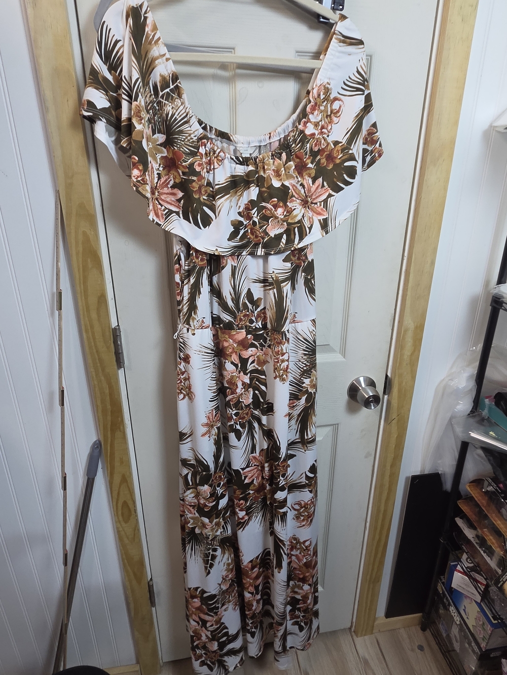 Tropical Floral Off-Shoulder Women’s White Lined Dress #0472